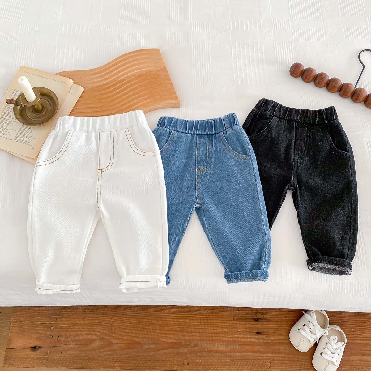 Ins Kidsren's Spring & Fall New Jeans for Boys and Girls 0-6 Years Old, Stylish Pure Color Pants, Simple Casual Pants, Soft