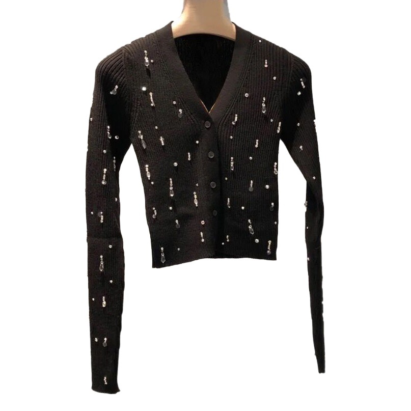 Picture of Miu Style Beaded Diamond Long-Sleeved Knitted Cardigan V Neck Versatile Black Slimming Look Spring New Short Sweater for Women