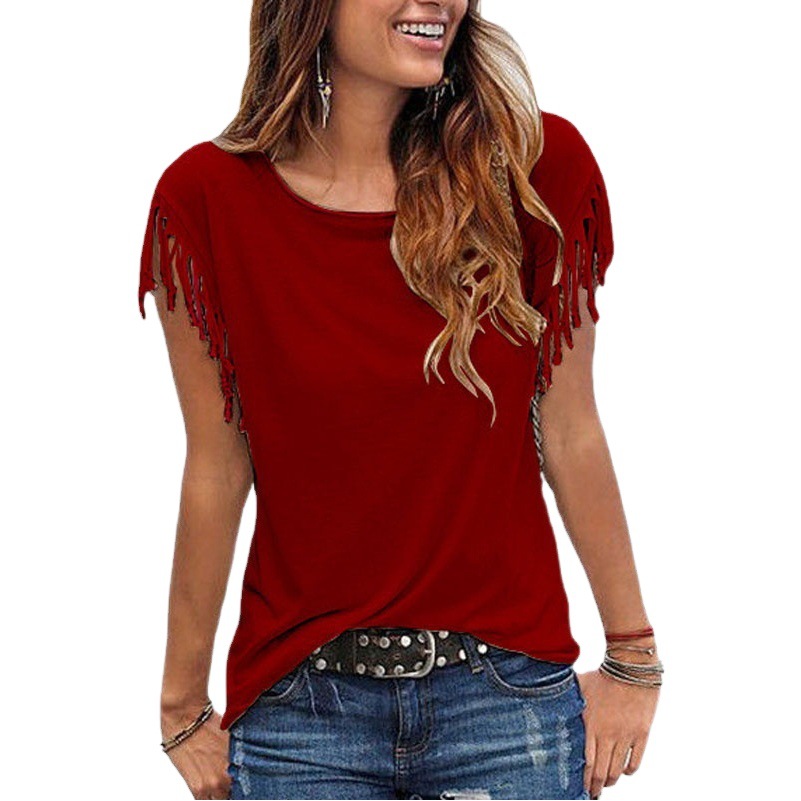 New Wish ebay Foreign Trade Women's European and American Round Neck Short Sleeve Cuff Tassel Knot T-Shirt Cotton