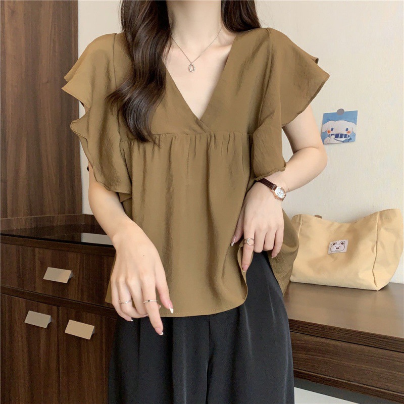 Picture of Cross-border Japanese 2022 Gentle Style Korean Style Sweet Women Flying Sleeve Shirt Top Summer V-Neck Shirt