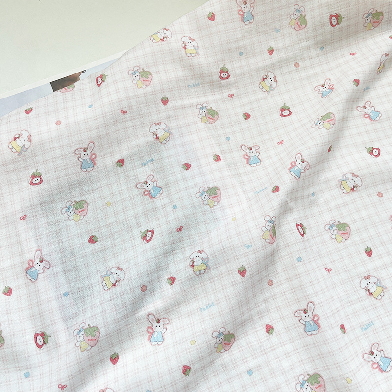 Cotton Fabric Maternal and Infant Grade Double-Layer Gauze Fabric Printed Strawberry Plaid Bunny Baby Clothing Pajamas Fabric