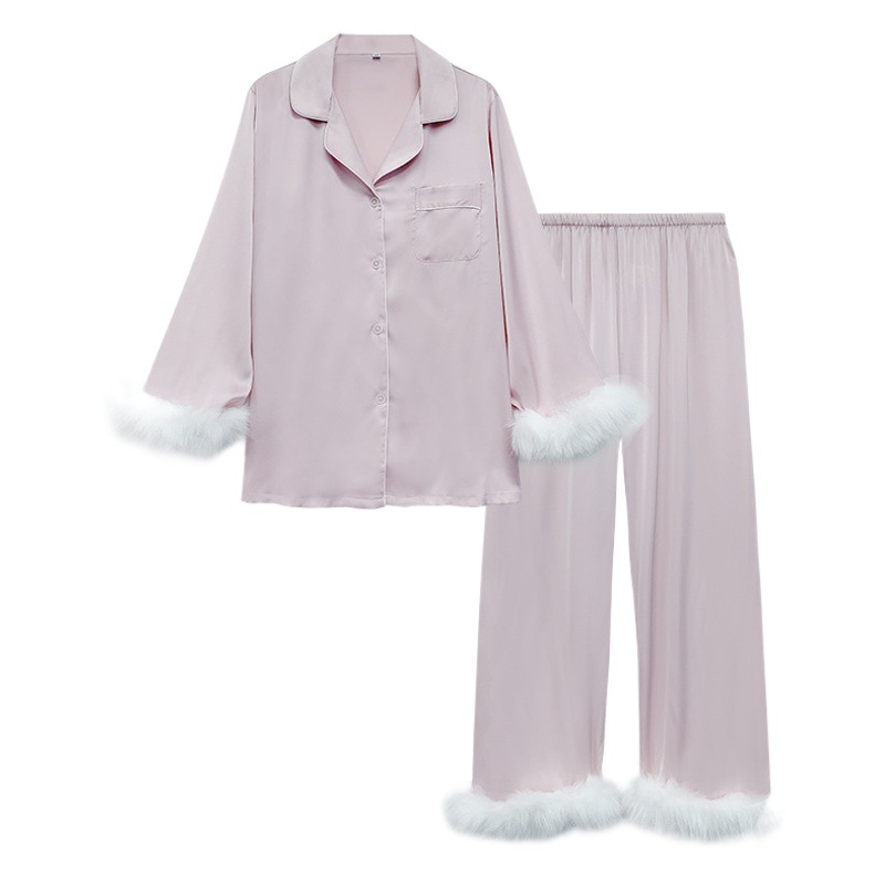 Yaoting Light Luxury Pajamas Women's Spring and Summer Feather Stitching Satin Chiffon Thin Home Clothes suit Outer Wearing TZ3032