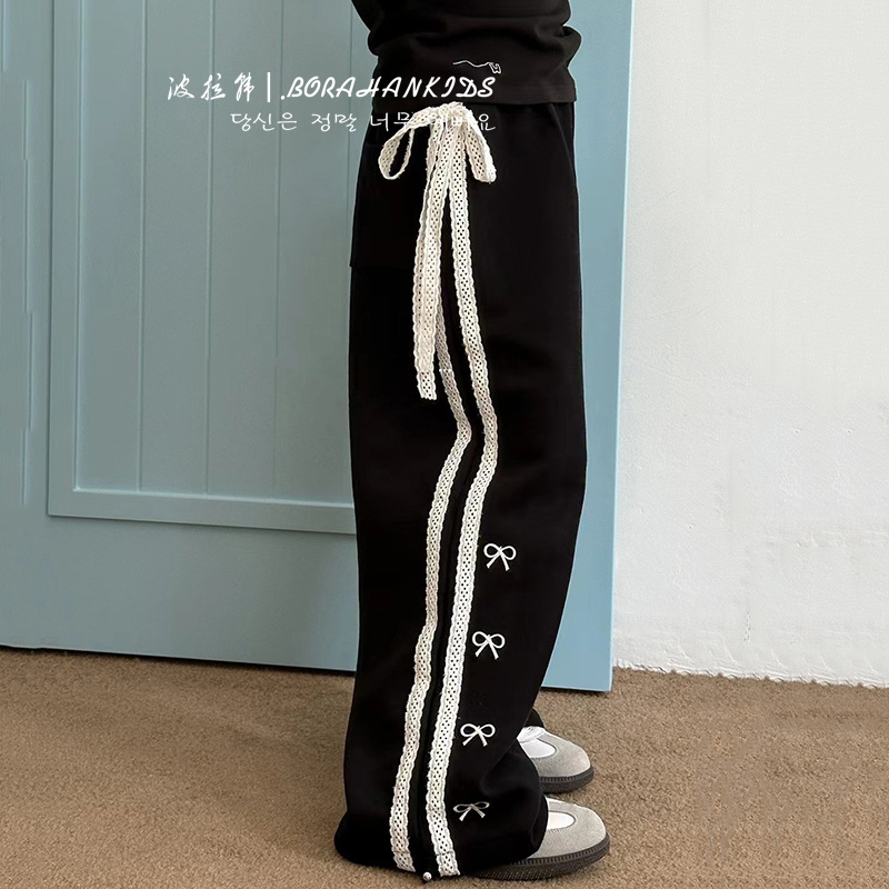 Girls' Casual Pants Autumn 2024 Little Girl's Bow Children's Stylish Pants Middle and Big Children's Straight Long Pants