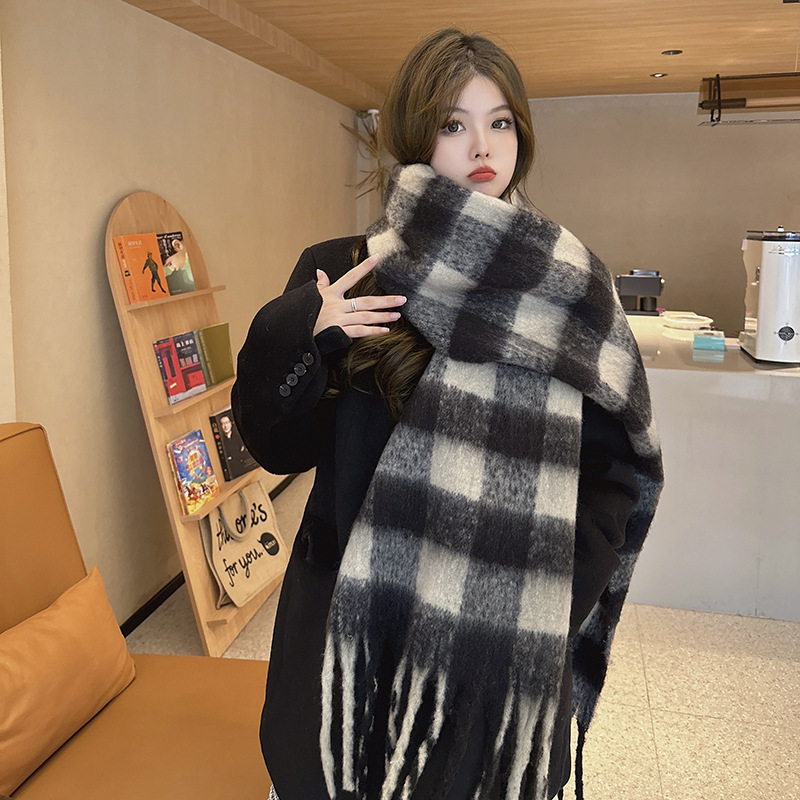 Picture of Winter monochrome plush heavy weight soft fluffy lazy wind solid color large pulled wool warm scarf for students couple