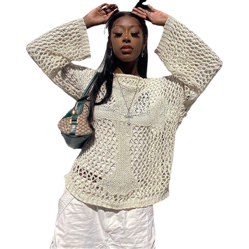 2025 European and American New Round Neck Cut Out Long-Sleeved Loose Summer See-Through Retro Sexy Top Beach Knitwear
