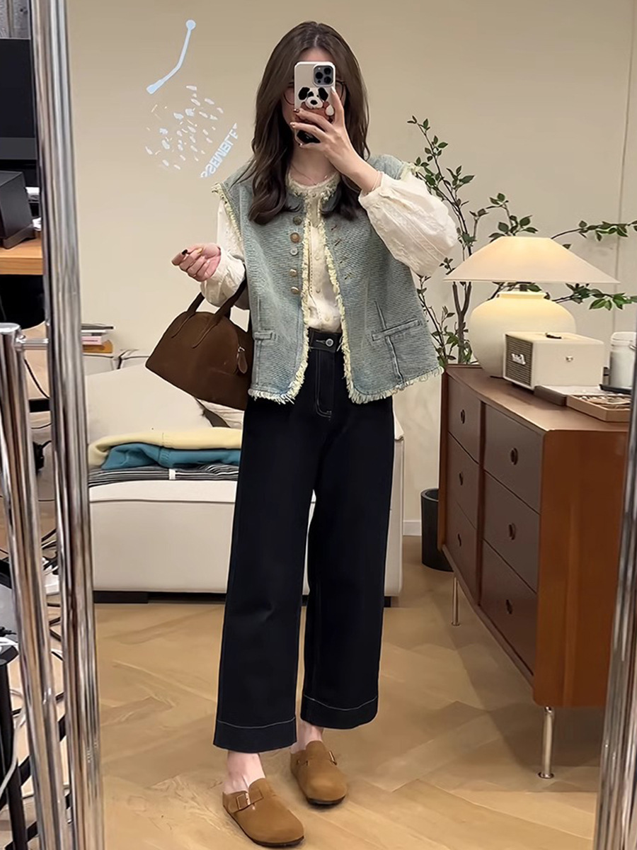 Autumn Wear a Set of Design Tassel Denim Vest Loose Shirt Denim Wide Leg Pants Three-Piece Suit for Women