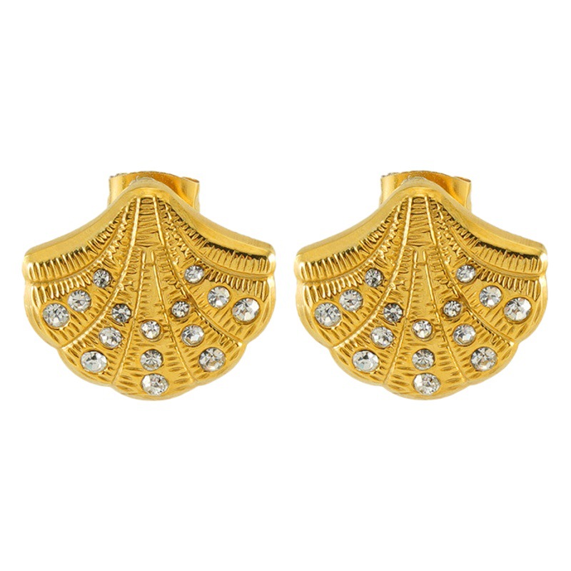 New style light luxury simple style stainless steel earrings necklace suit shell fan-shaped fashion design Diamond-embedded jewelry for women