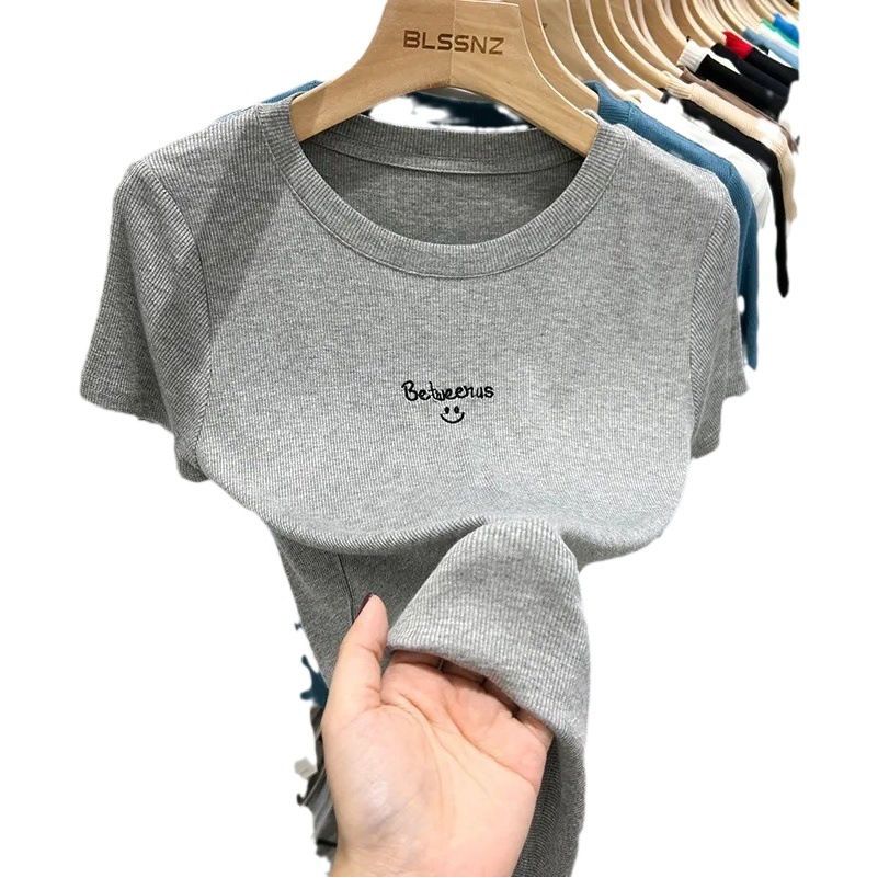 Solid Color Embroidered Letter Short-sleeved T-shirt Women's Summer New Design Sense Niche Slim-fit Inner Top Base Shirt Trendy