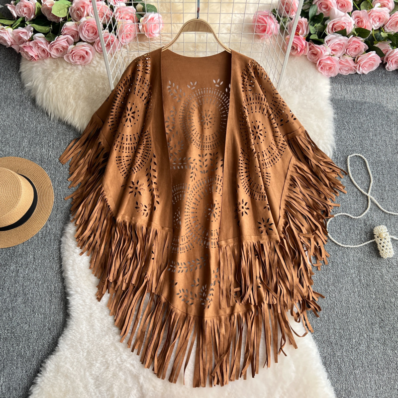 Xinjiang Travel Western Denim Ethnic Style Brown Vest Suede Hollow Tassel Oversized Cape Shawl Scarf