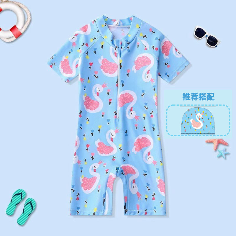 Picture of 2024 Girls' Swimsuit Cartoon Short Sleeve Children's One-Piece Swimwear for Ages 3-6 Boys' Swimwear Set with Cartoon Swim Cap