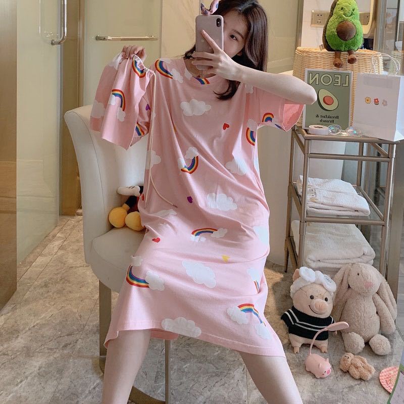 Picture of Internet Celebrity Summer Korean Style Princess Fresh Sweet Loose Nightdress Short Sleeve Plus Size Pajamas Dress with Cloth Bag