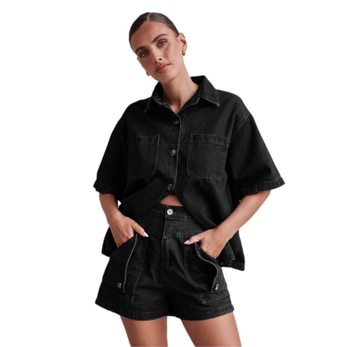 Picture of Amazon Foreign Trade Cross-border 2025 Summer European and American Women's Casual Retro Loose Shirt Denim Shorts suit