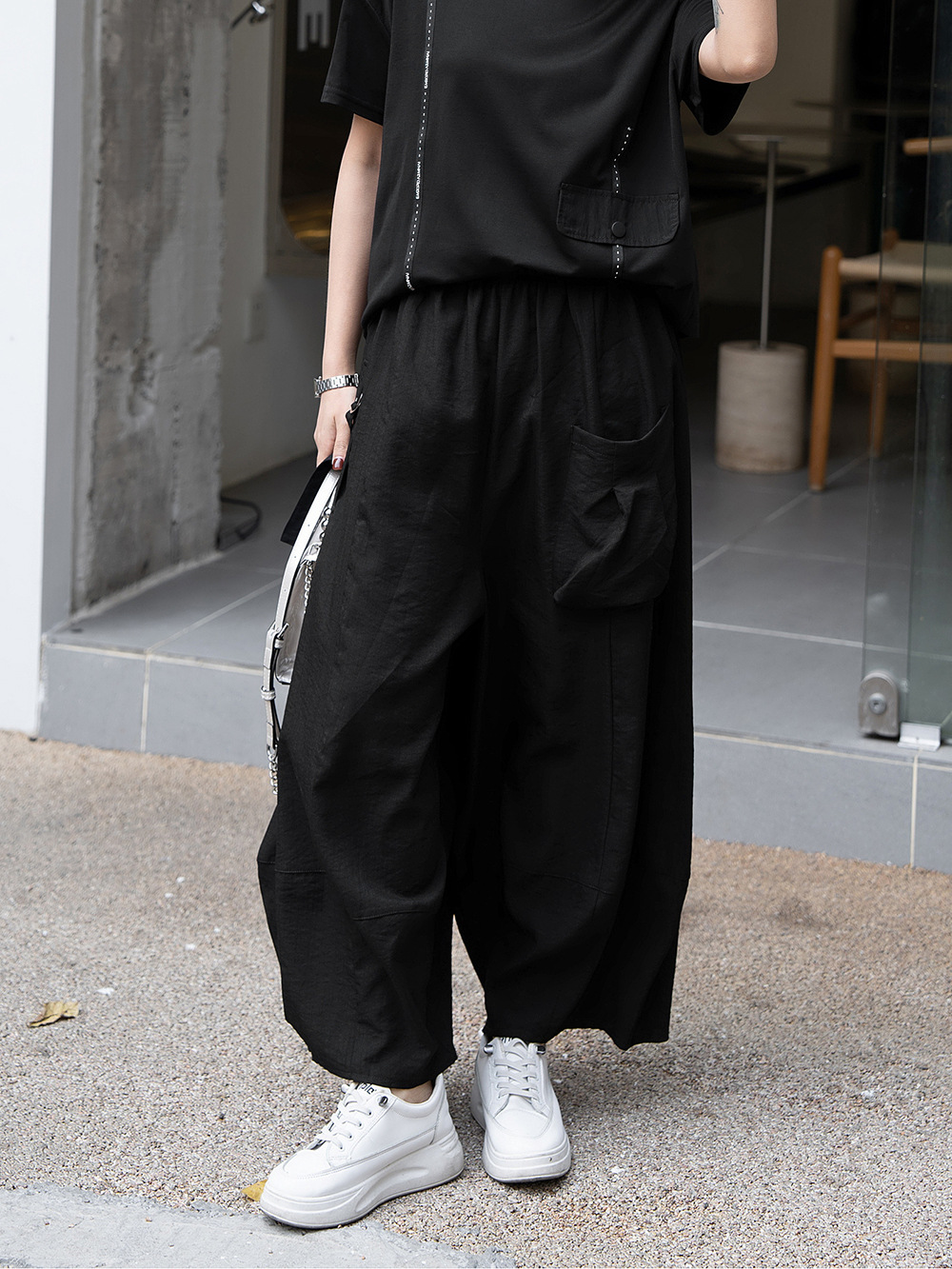 240363 fashion women's pants summer new cropped pants thin high waist slimming wide leg solid color large pocket wide leg pants
