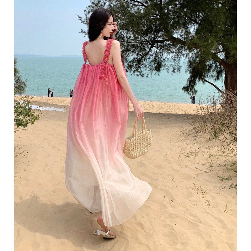 2023 Holiday Photo Beautiful Beach Dress Seaside Pink Lace Strap Gradient Chiffon Dress Super Fairy