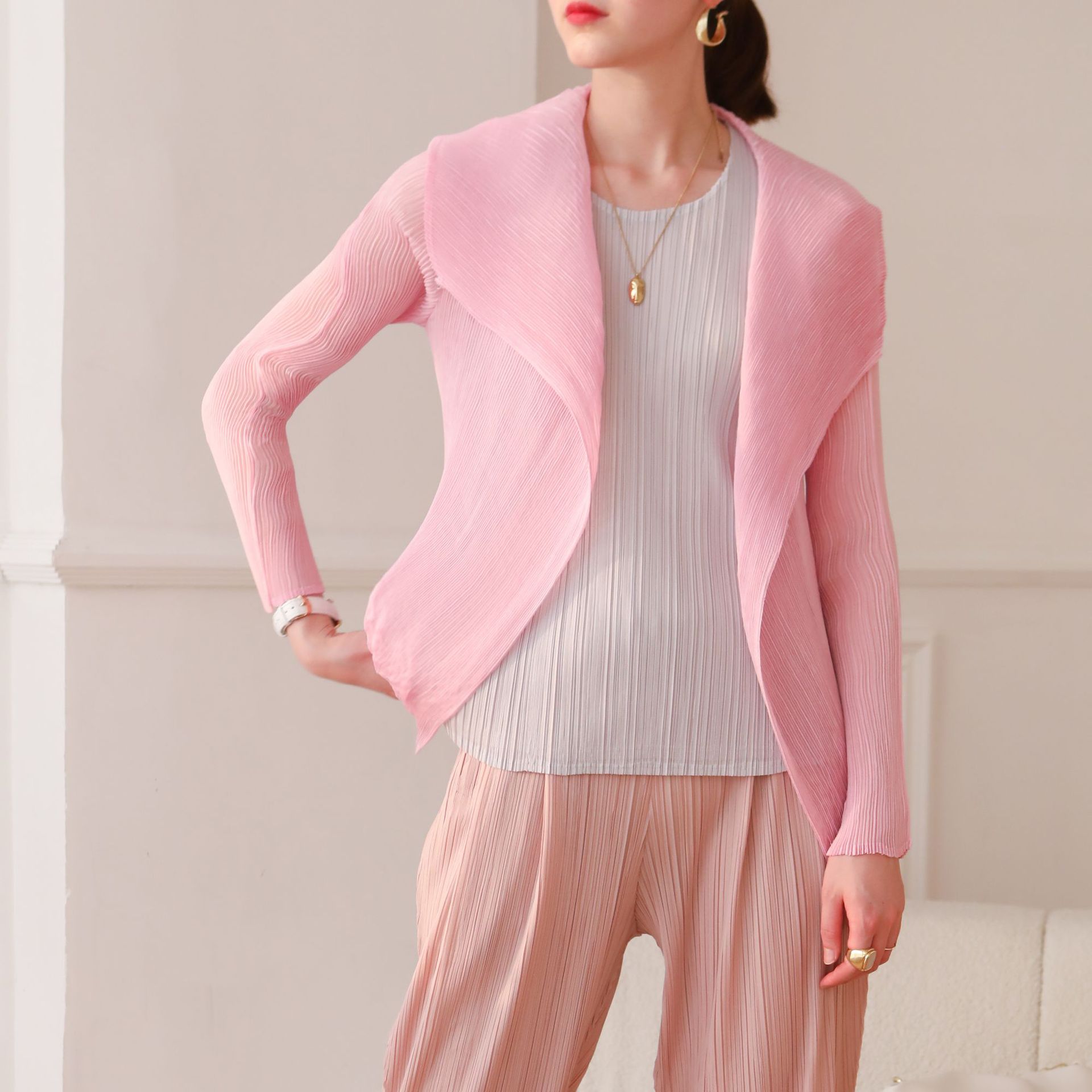 Picture of Counter Quality 2024 Miyake High-end Pleated Mesh Shirt Ultra-thin Elegant Solid Color Sun Protection Shade Women's Pleats