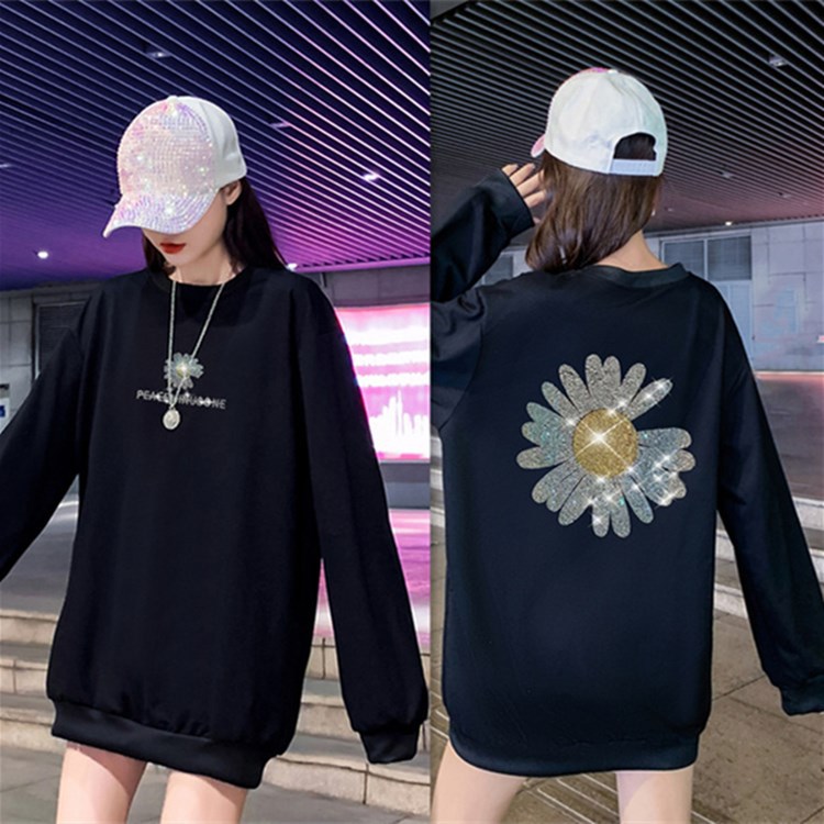 Daisy Heavy Industry Hot Drilling Thin Sweatshirt Women's Autumn Korean-style Mid-length Loose Instagram Popular Long-sleeved Round Neck Top