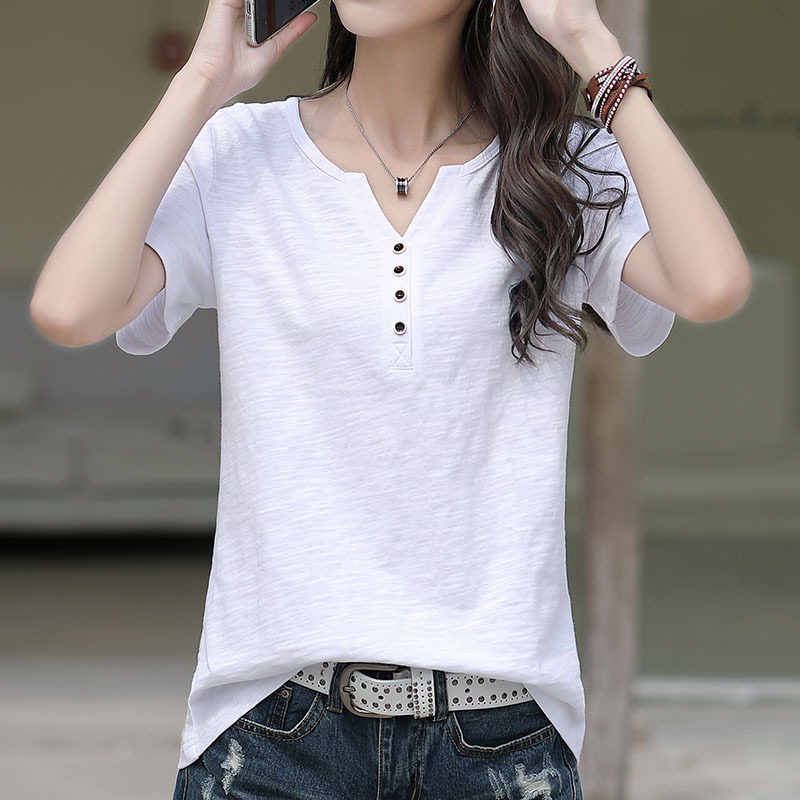 White T-Shirt Women's Short-Sleeved Summer Wear 2024 New Pure Cotton Loose Large Size Button V Neck Half-Sleeved Women's T-Shirt Trendy