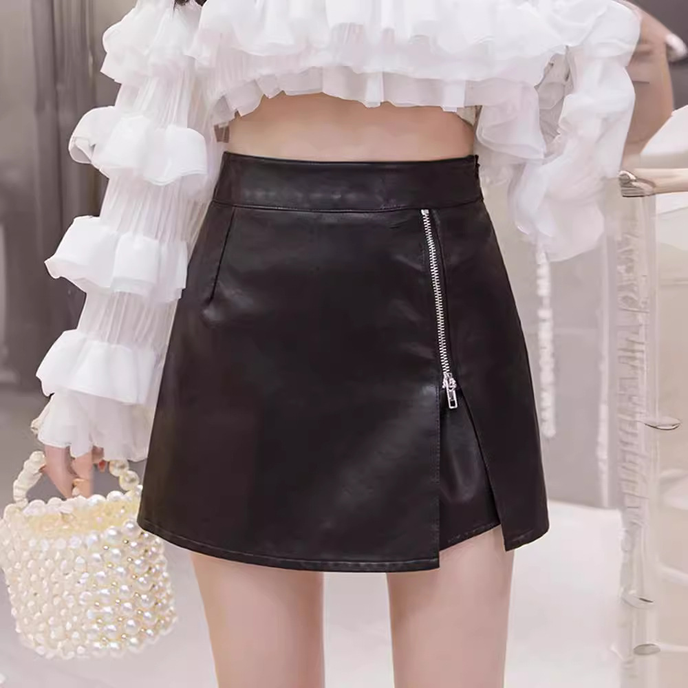 plus size 2024 New Black Slim Leather Sheath Skirt A Short Skirt Women's Autumn and Winter chubby girl High Waist Skirt