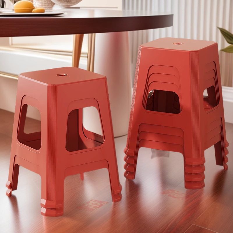 Red Plastic Stool Extra Thick Living Room Cooked Rubber Adult High Stool Durable Non-Slip Simple Dining Table Thickened Stacking Bench