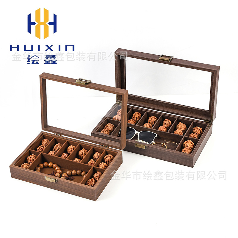 Ancient Style Light Luxury Black Walnut Color Multi-Grids Walnut Transparent Bracelet Storage Box Dust-Proof Storage Box