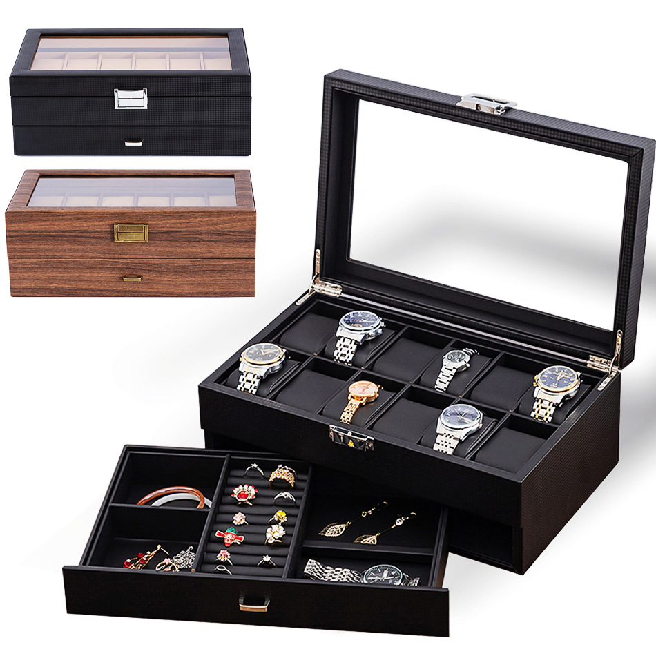 Spot wholesale carbon fiber PU leather double layer 12 watch jewelry box watch box