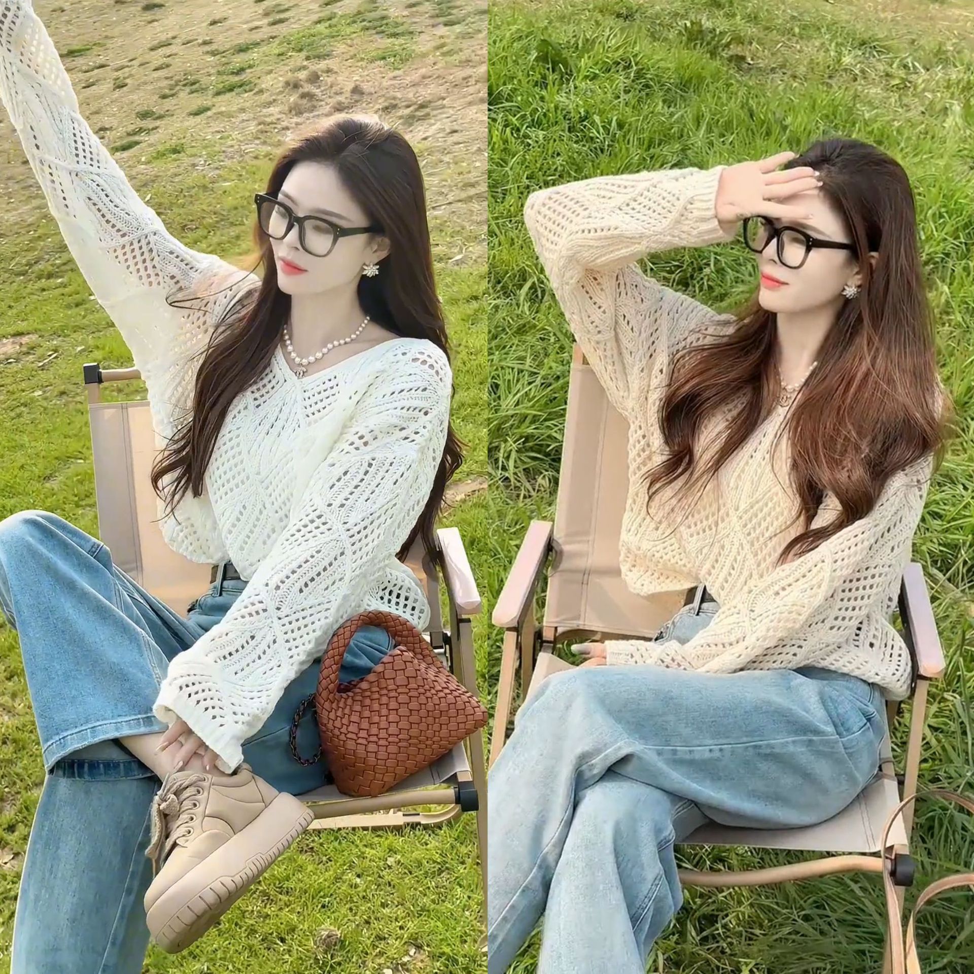 2024 Korean Design Loose Pullover Slimming Look Cut Out Versatile Knitwear Blouse Early Spring Lazy Style Thin Top