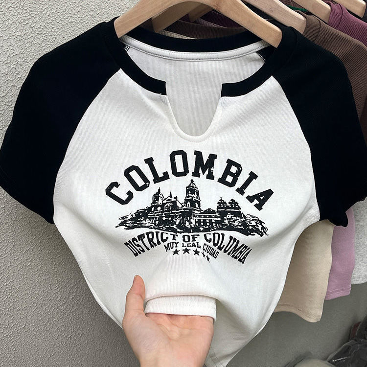 Vintage American-style Sweet Spice Girl Printed Contrast Short-sleeved T-shirt Women's Summer New Design Niche Slim-fit Top