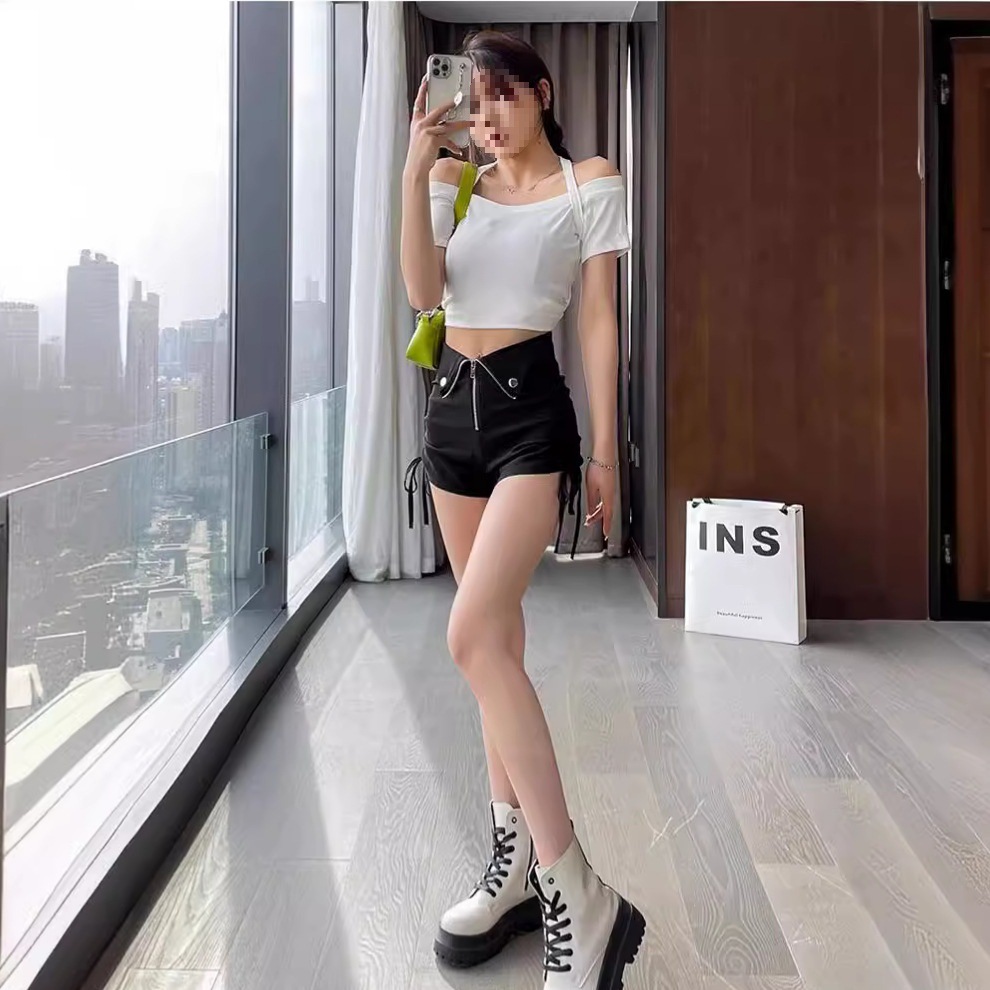 High Waist Zipper with Lace on Both Sides Black Casual Pants Women's Fall/Winter 2021 Korean-style All-match Slimming Outer Wear Shorts