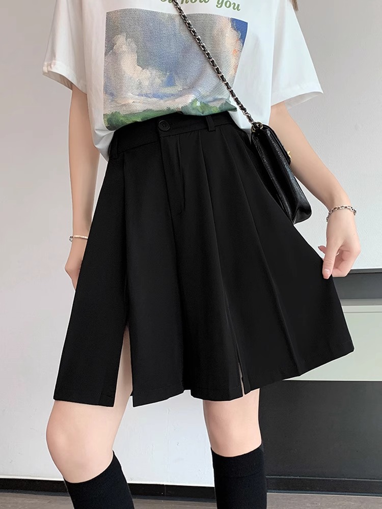 Split Suit Shorts Women's Summer Thin plus size chubby girl Loose High Waist Dipped Straight Casual A- line Wide-leg Pants