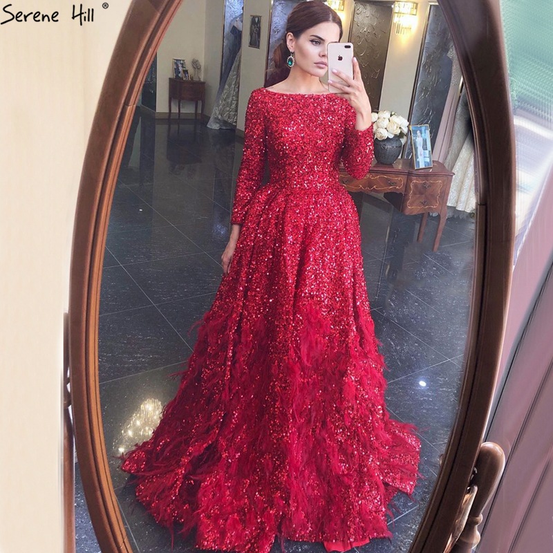 Dubai Red Sexy Type A Luxury Evening Dress 2020 Sequins Long Sleeve Feather Dress Dress HM67124