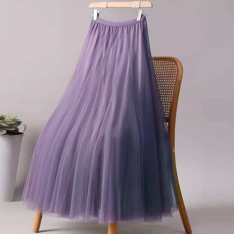 Mesh Half-Length Fairy Skirt 720-Degree Large Hem Purple Square Dance Skirt Mid-Length Skirt Rose Red Performance Dance Skirt