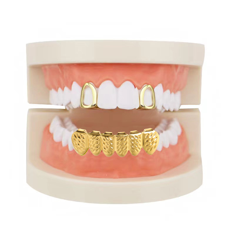 Picture of European and American hip-hop braces hiphop bright face single cross hollow suit wheat ear gold braces party decorative teeth