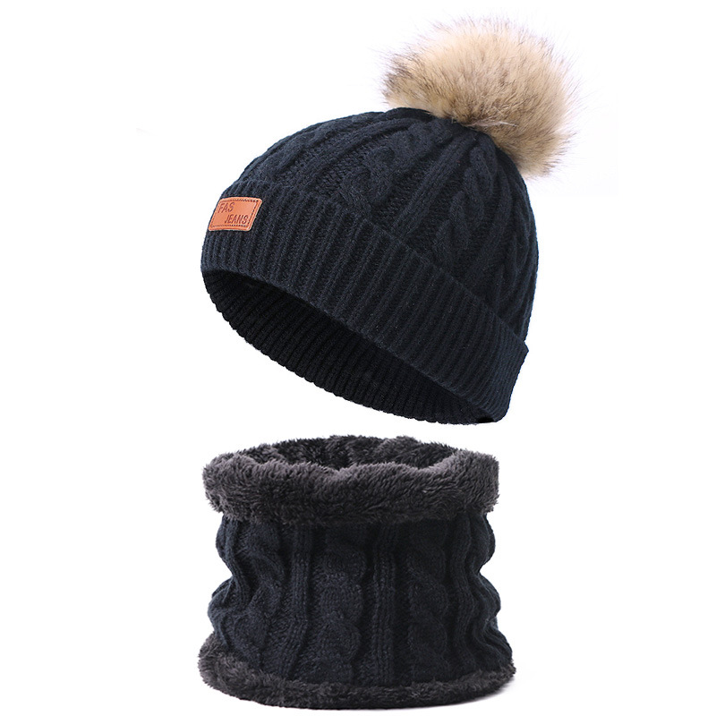 Picture of Winter Children's Neck Hat Two-Piece Pompom Baby Baby Knitted Hat Warm Wool Fleece-Lined Thickened Neck Set
