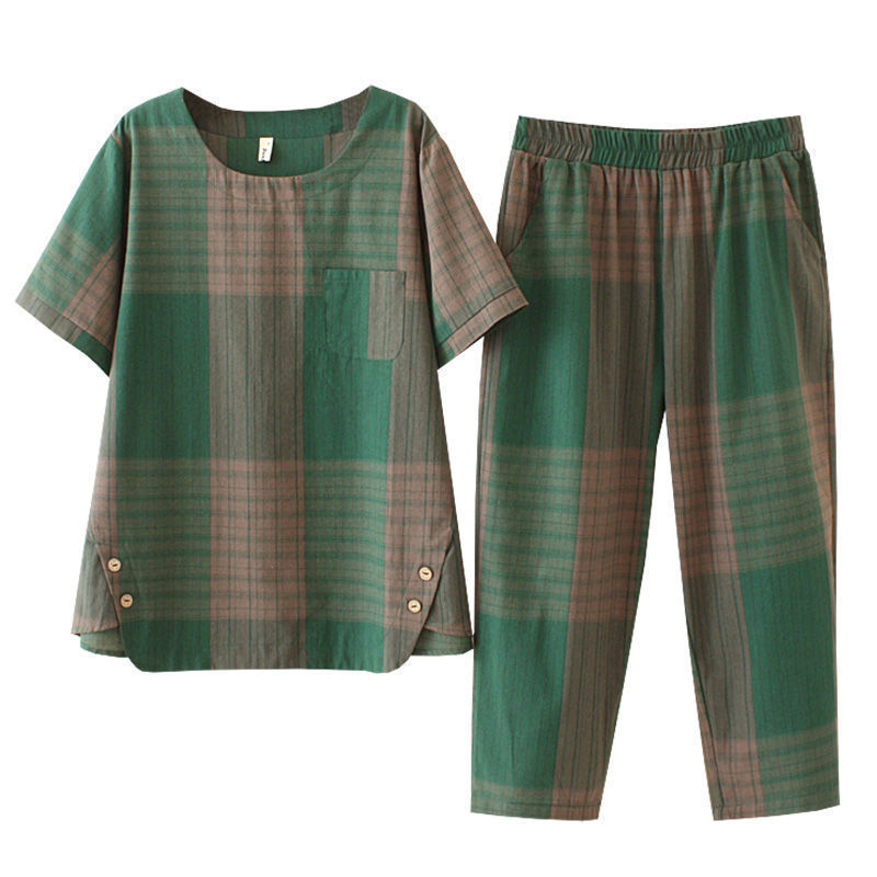 Picture of Large Size Plaid Suit Women's Summer New All-match Loose Lazy Style Casual Short-sleeved Top Wide-leg Pants Two-piece Set