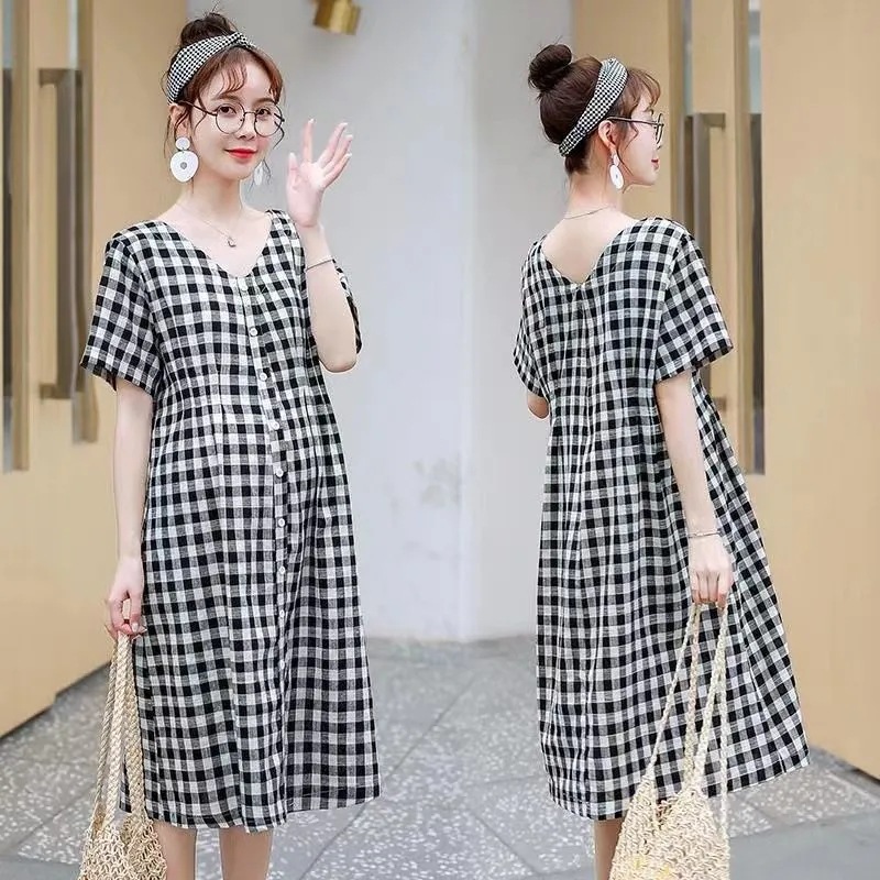Maternity Summer Short-sleeved Mid-length Dress Pregnancy Belly-covering Mid-length Plaid Top Summer Loose for Pregnant Women