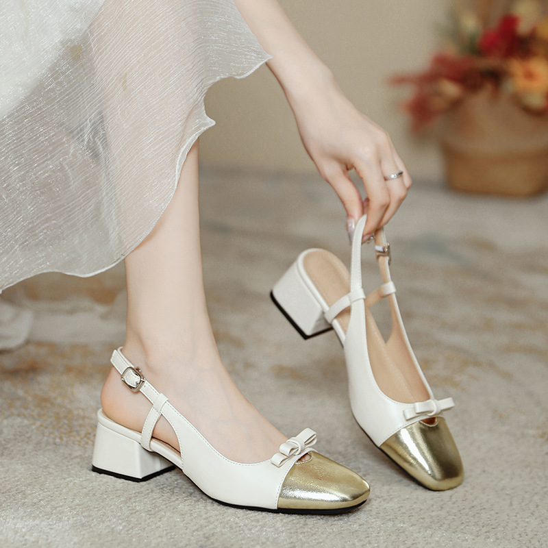 French Style Toe Sandals 2024 Summer New Fairy Square Toe Bow Color-block Empty Sandals Medium Thick Heeled Casual Shoes