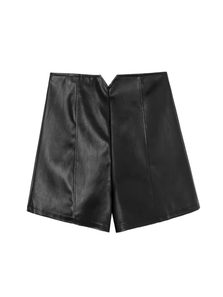 Picture of 2023 New Autumn and Winter Women's Black High-Waisted Slimming Wide-Leg A-Line Pu Leather Hot Pants with Zipper Design