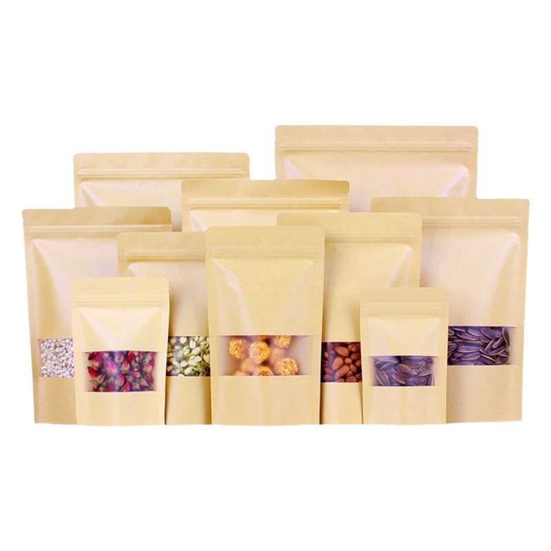 Frosted window Kraft paper tea nut packaging self-standing zipper dried meat snack sealing bag Kraft paper packaging bag