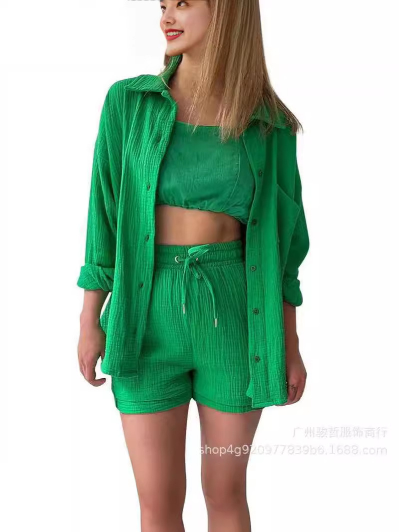 2024 AliExpress Women Solid Color Long Sleeve Shirt suit Shorts 2 Piece Set