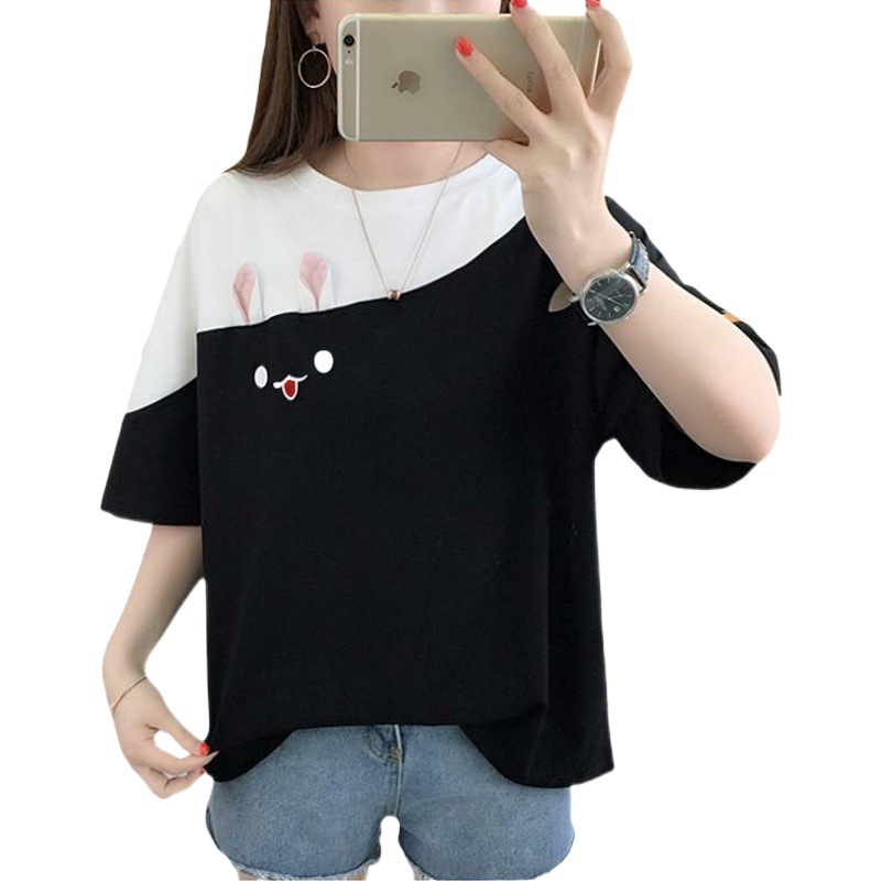 Picture of 2025 New Summer Embroidered Rabbit Korean Style Color Block T-Shirt Student Top Loose Short-Sleeved Women's Clothing One Piece Store
