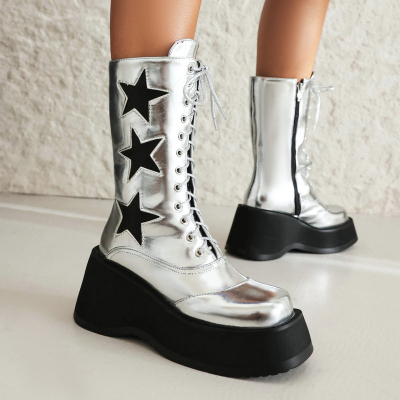 Punk style women's mid-calf boots black silver muffin platform five-pointed star stitching high boots Dark Knight boots women