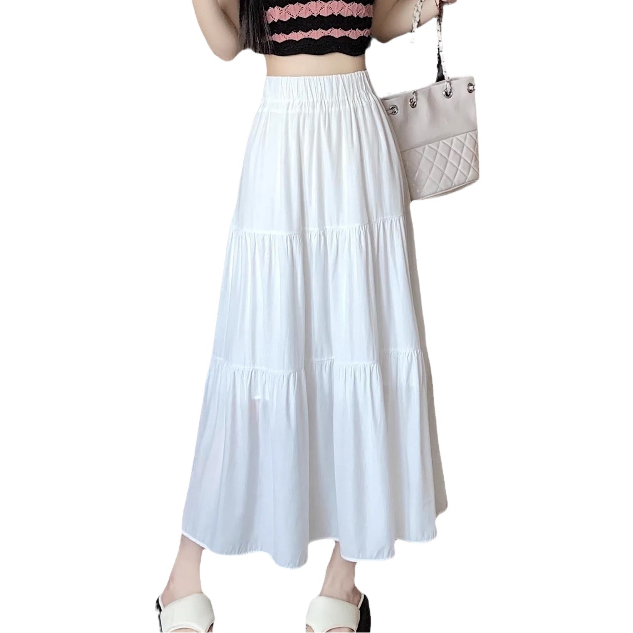 Black Umbrella Skirt Skirt Women's Small Summer 2024 New Draped Midi Skirt High Waist White A- line Skirt