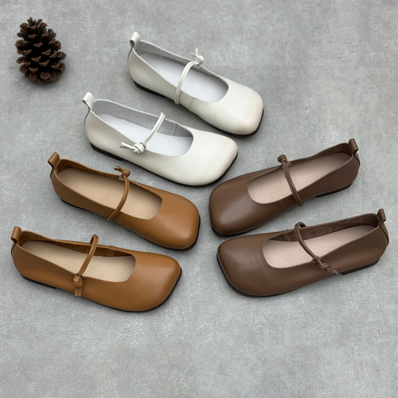 Original Handmade Genuine Leather Women's Shoes 25 Spring and Summer New Artistic Mori Style Flat Bottom Women's Shoes with Head Layer Cowhide