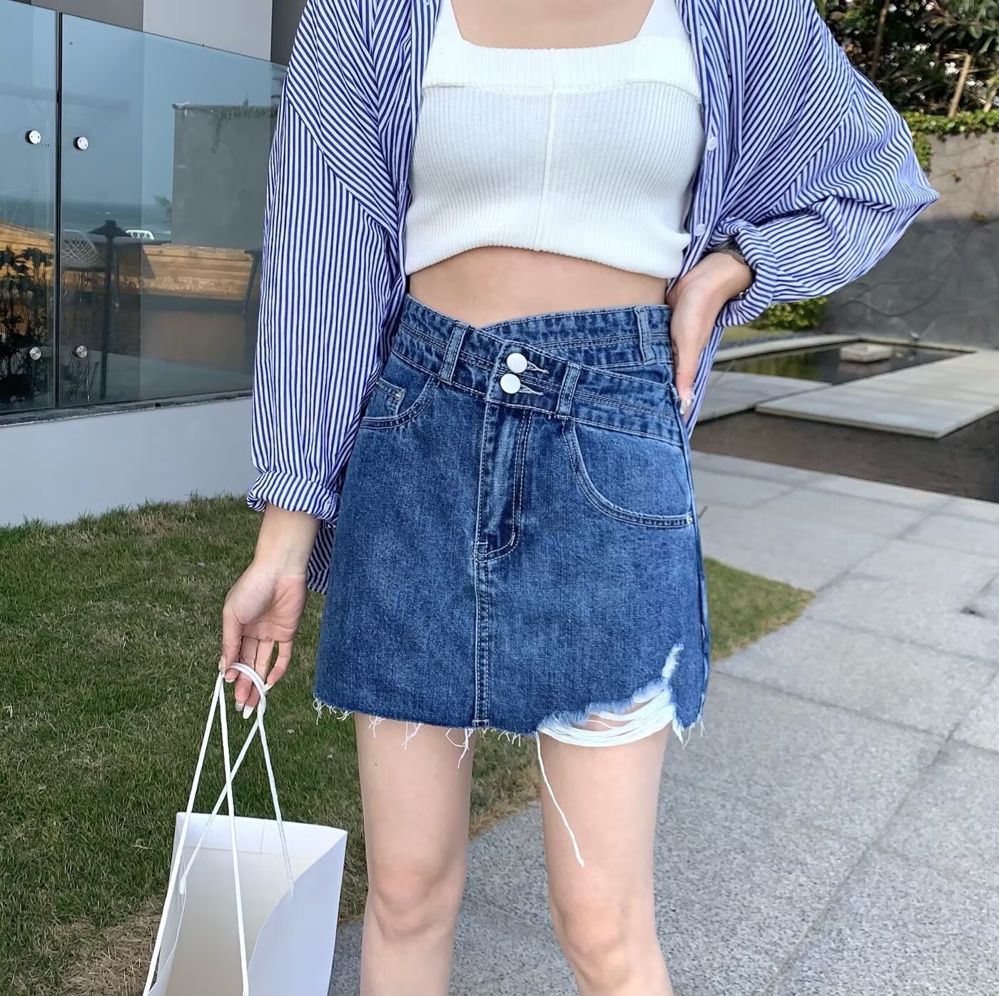 Pear-shaped Denim Skirt Women's Summer 2024 New High Waist Slimming All-match Anti-glare A- line Short Skirt Trendy Pants