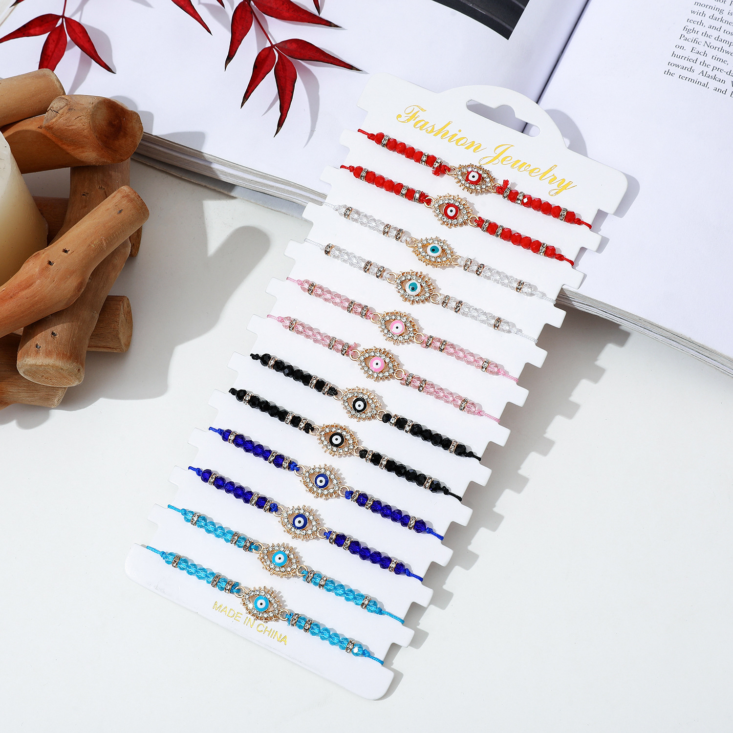 Picture of European and American Hot Devil's Eye Bracelet Crystal Beaded Lucky Handrope Adjustable Woven Bracelet Set of 12