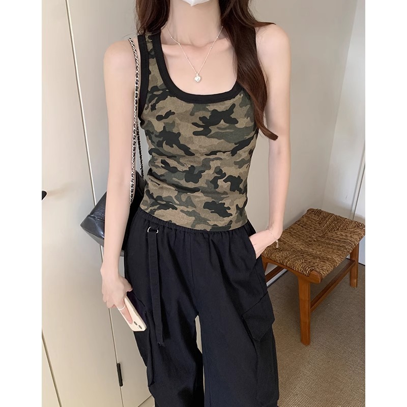 American Hot Girl Short Camouflage Camisole Women's 2025 Summer New Slim Fit Outerwear Stretch Top