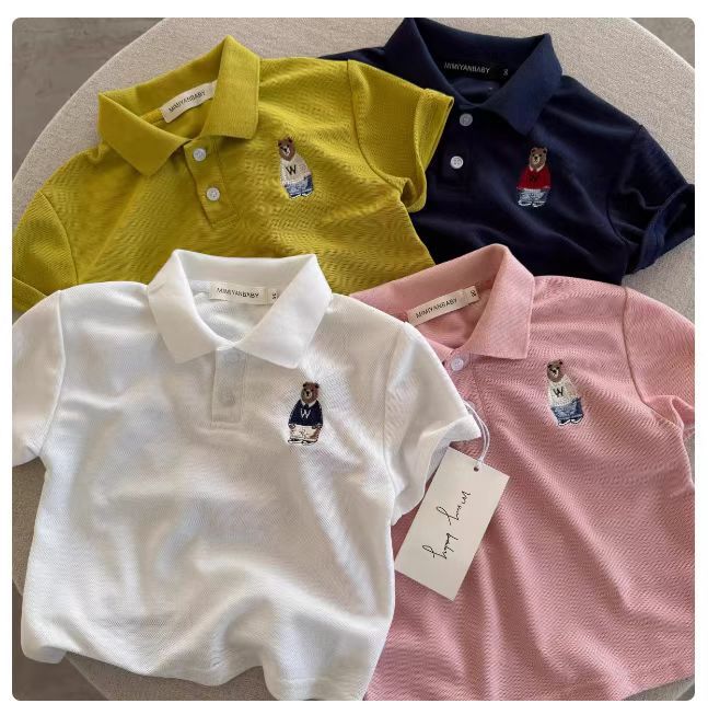 Picture of Children's Polo Shirt Short Sleeve Summer New Boys and Girls Embroidered Bear Top 100% Cotton Baby Polo Collar T-Shirt