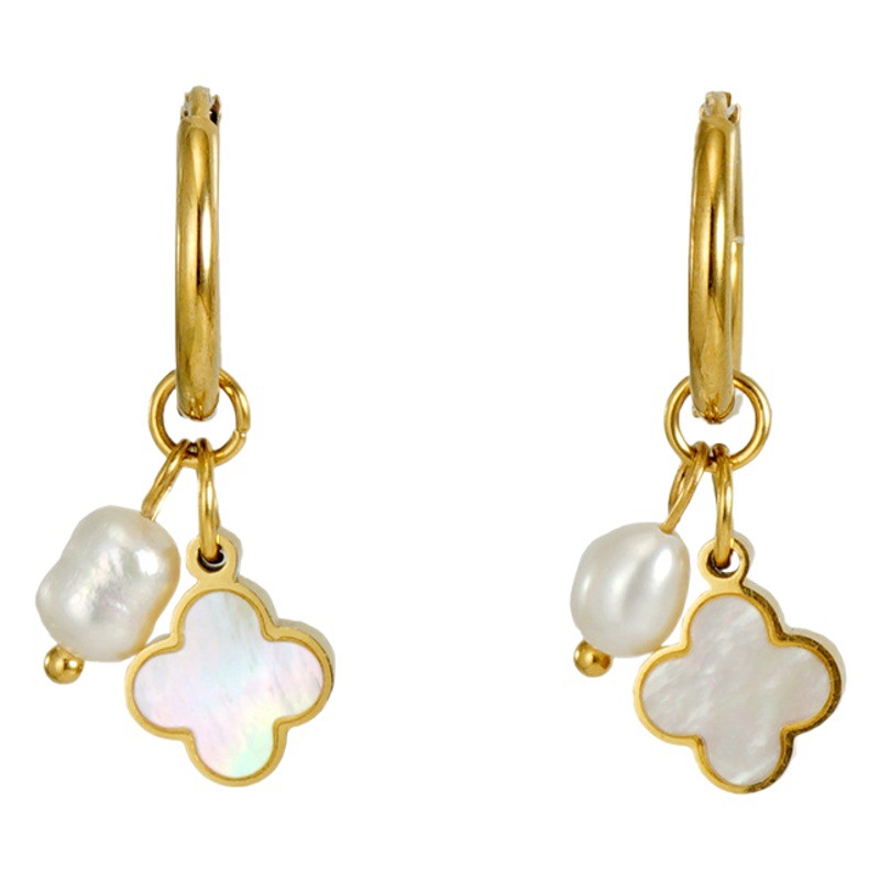Cross-border Europe and the United States new fashion stainless steel pearl earrings four-leaf clover personality all-match temperament wind earrings women