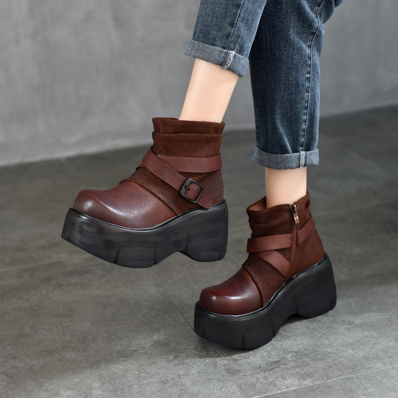 Small 9cm Thick-Soled Wedge-Heeled Retro Casual Short Boots for Women with Spliced Belt Buckle Genuine Leather Boots