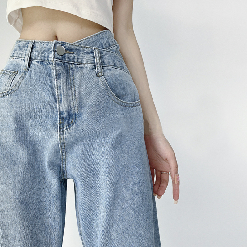 Picture of Straight Leg Jeans Women's New Summer Chic High Waist Design Cross Waist Loose Wide Leg Dipped Trousers